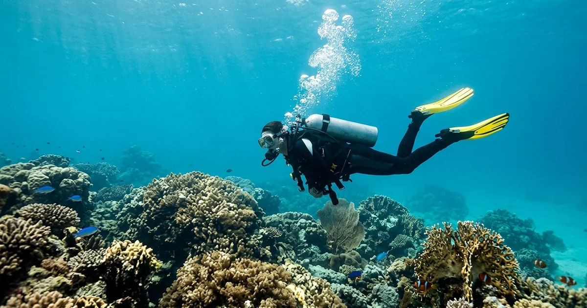 A detailed, high-resolution underwater photograph of a scuba diver, in full gear with yellow fins, swimming over a vibrant coral reef in clear blue water, representing a student or instructor during a PADI Open Water Diver Course in Dubai