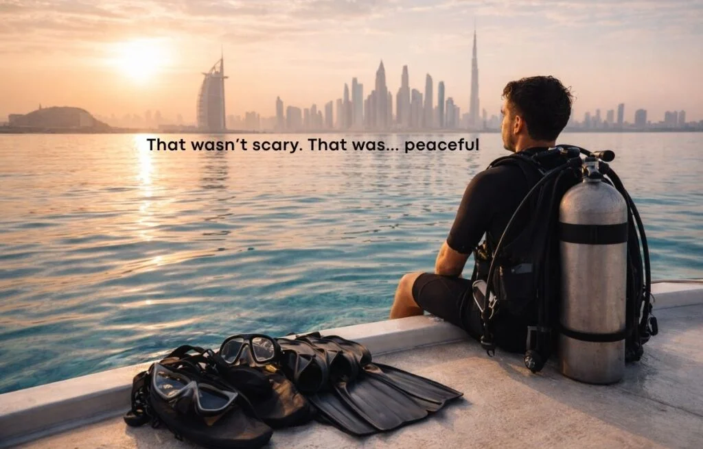 After a scuba diving experience in Dubai, a diver sits on a boat at sunset, reflecting on one of the best first scuba dive journeys.