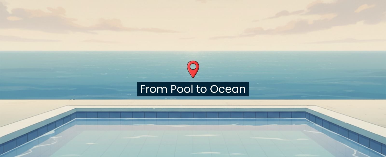 Illustration showing a swimming pool seamlessly blending into the open ocean, symbolizing the transition from first scuba training to real ocean diving.