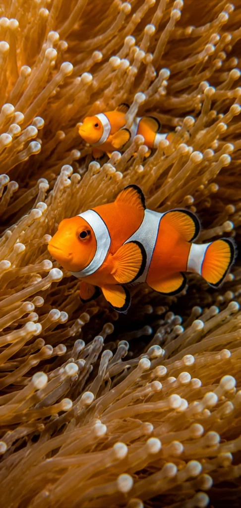 Two vibrant orange and white clownfish swimming among the long, golden-brown tentacles of a sea anemone. PADI Course Dubai