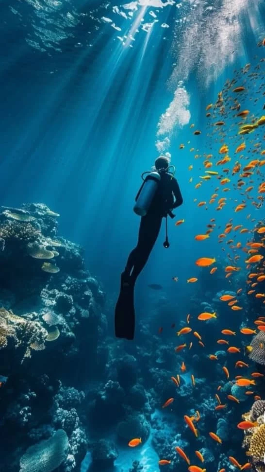 A scuba diver swimming in deep blue ocean water, illuminated by bright sunbeams from the surface, surrounded by a large school of small orange fish and coral reefs.