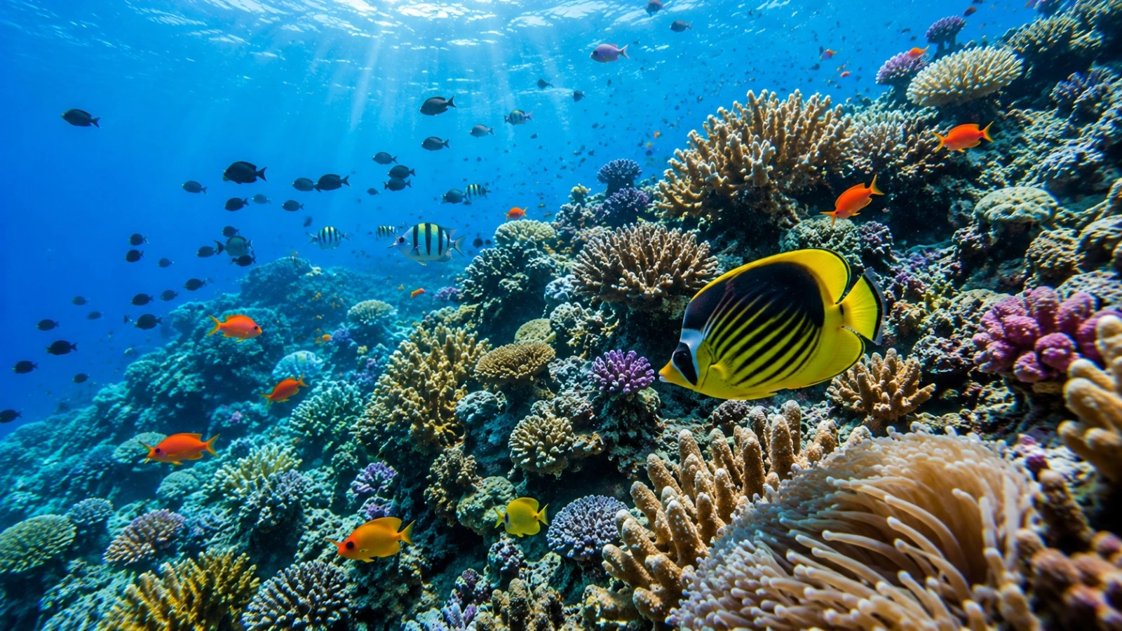 A group of scuba divers underwater, with the lead diver wearing a blue wetsuit and a yellow dive computer pointing at a branching sea fan coral on the reef. PADI Certification Dubai