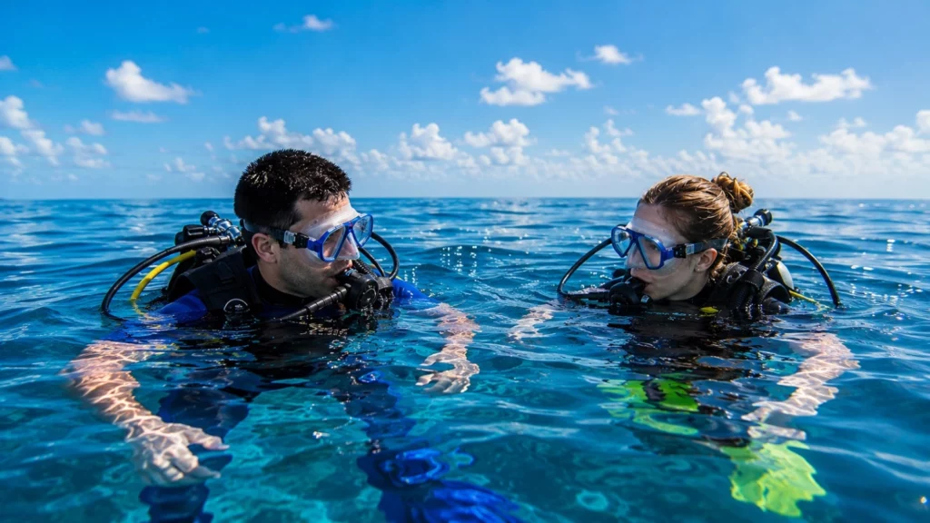 Two scuba divers, a man and a woman, floating on the surface of a clear blue ocean wearing diving masks and regulators, under a bright sunny sky with white clouds.