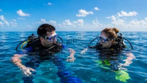 Two scuba divers, a man and a woman, floating on the surface of a clear blue ocean wearing diving masks and regulators, under a bright sunny sky with white clouds.