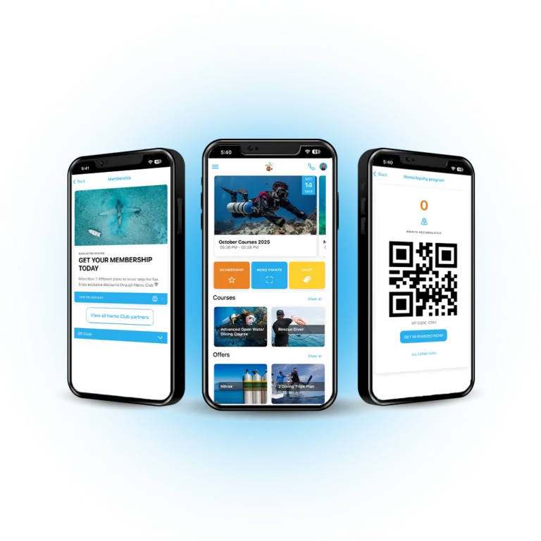 Nemo Diving Center - Dubai - Dibba Al‑Fujairah mobile app screens showing membership sign-up, dive courses, and QR loyalty code