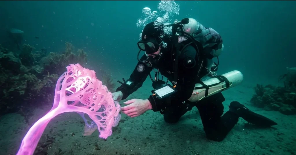 A tec 45 scuba diver inspecting a glowing pink coral structure on the sandy seabed