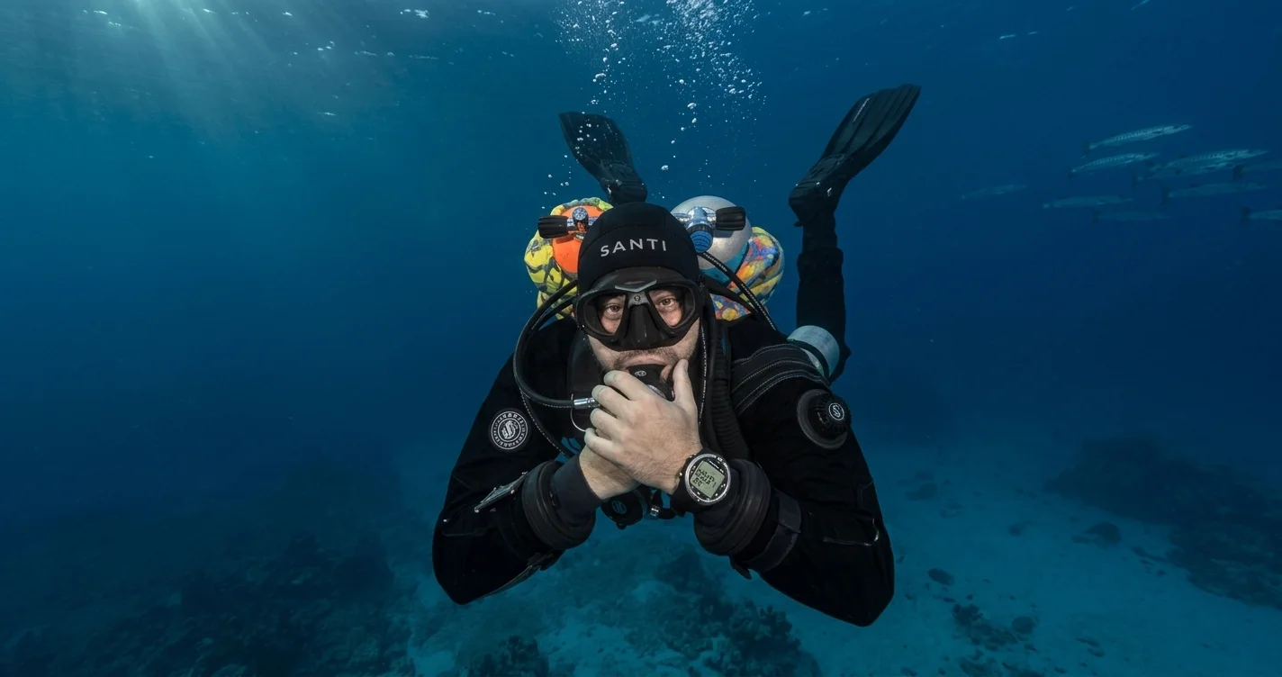 A detailed underwater photograph of a technical scuba diver in a full black SANTI drysuit, twin back-mounted cylinders, and a side-mounted stage tank, hovering over a sandy seabed. The diver looks at the camera, holding a gloved hand near their mouth in a focused pose, demonstrating skills for a Tec Basics Course in Dubai. Sunlight rays penetrate from the surface, and a school of barracuda is visible in the distance